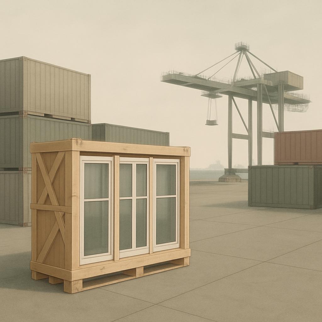3-d model of a large piece of equipment imported from another country, a cargo dock and shipping container all on a grey s...