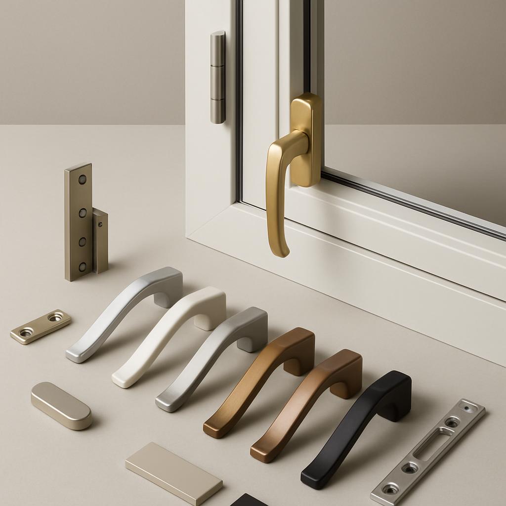 This image appears to be showcasing a catalog of various door fixtures and handles available for purchase for residential ...