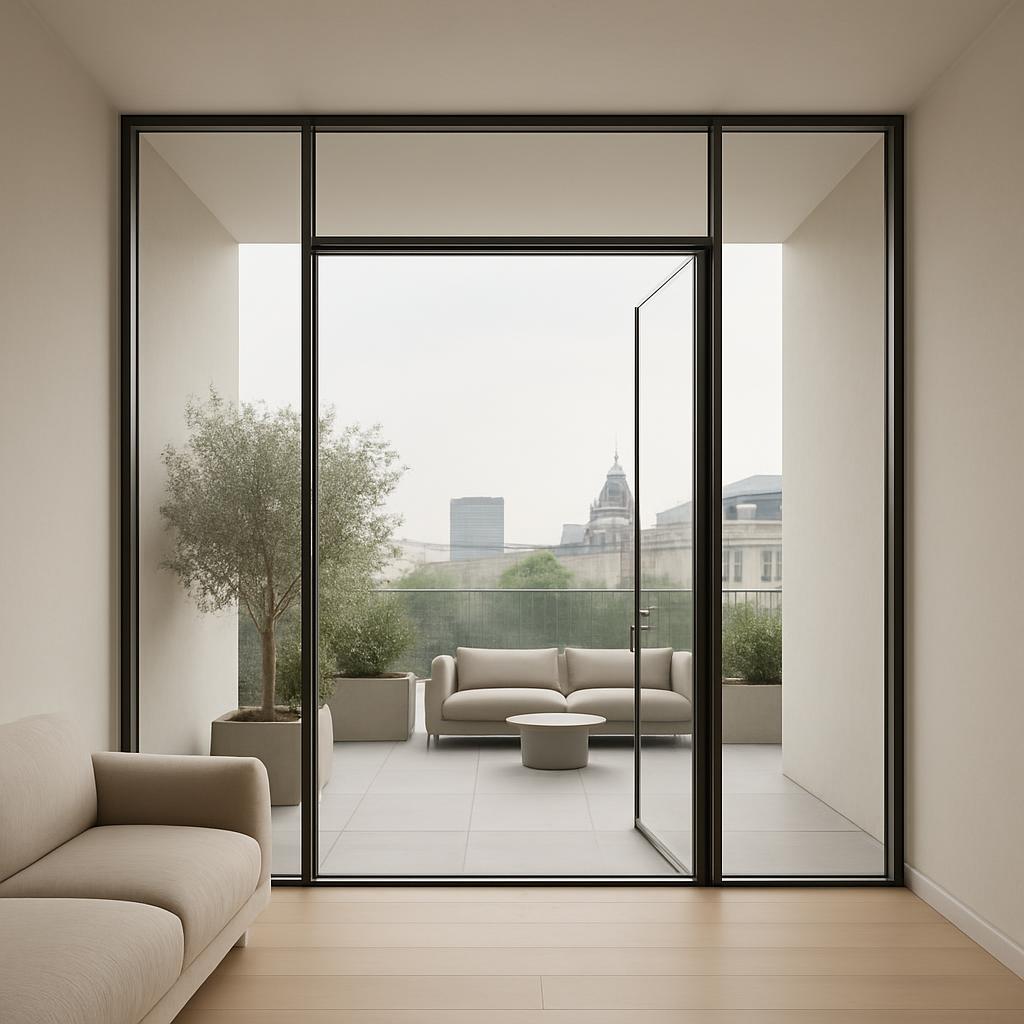 A modern interior room with a large glass door leading to an outdoor patio, featuring white furniture and a tree, in a min...