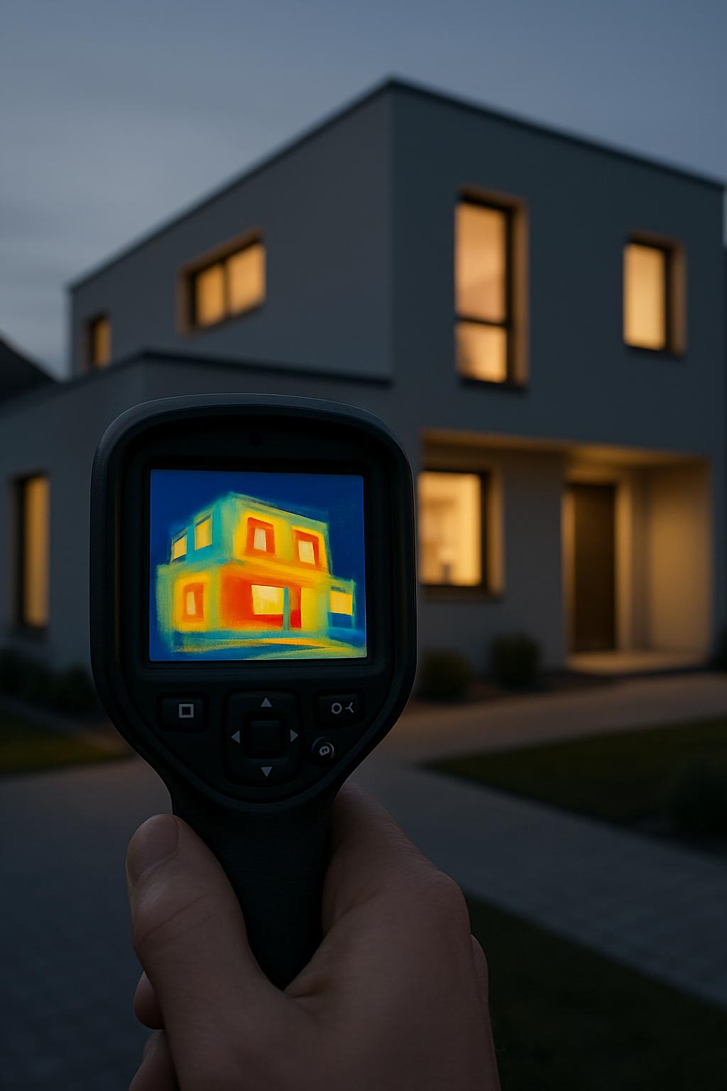 A hand-held thermal imaging device displays a detailed thermal map of a house exterior, with pockets of blue indicating co...