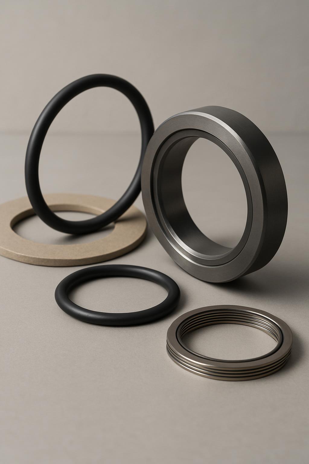 A collection of seals and rings of various shapes, sizes, and materials is displayed. The items are likely used as bearing...